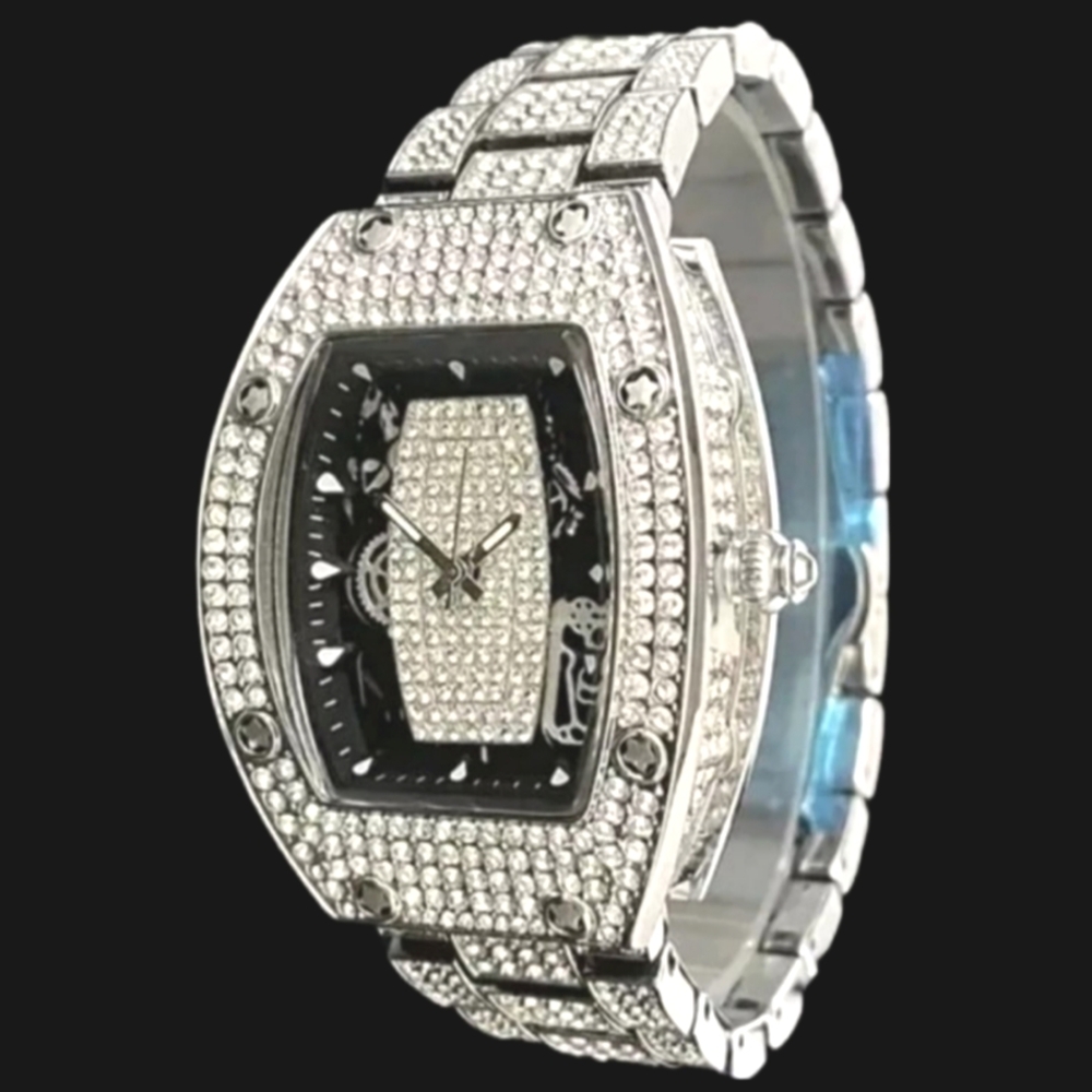 Mens Luxury Iced Simulated Diamond Waterproof Quartz Movement High Fashion Watch